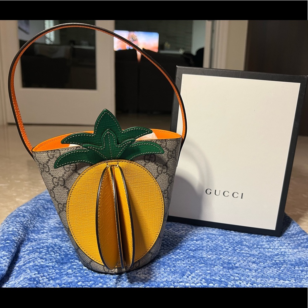 Gucci Mini Tote in GG Canvas with Yellow Pineapple and Green Leaves